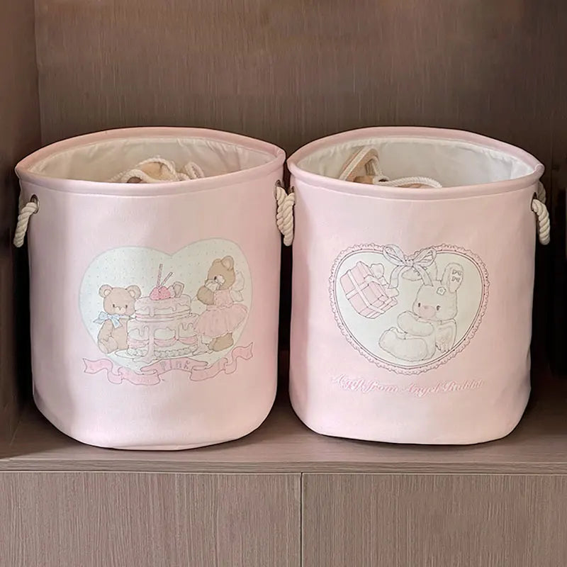 Collapsible Pink Nursery Basket – Cute Bear & Rabbit Design - Little Moon
