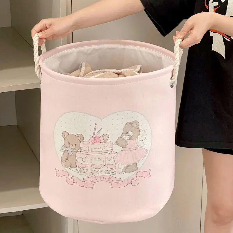 Collapsible Pink Nursery Basket – Cute Bear & Rabbit Design - Little Moon