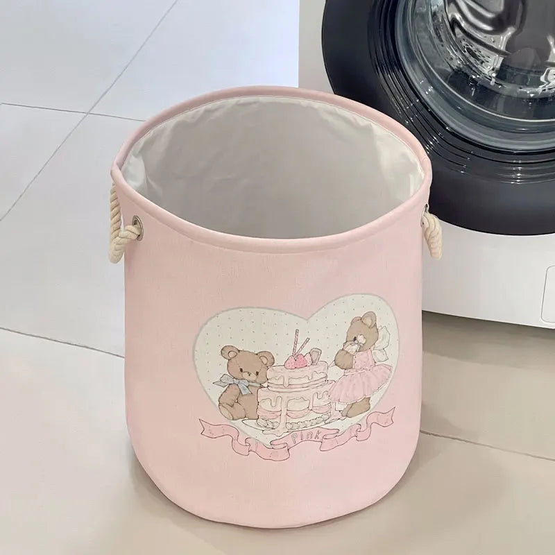 Collapsible Pink Nursery Basket – Cute Bear & Rabbit Design - Little Moon
