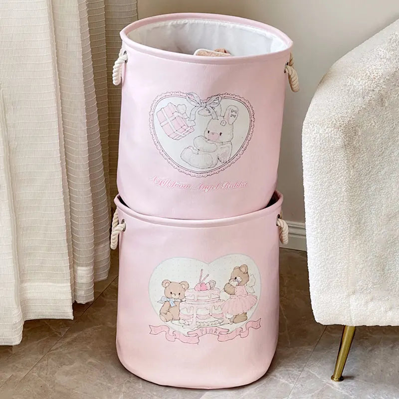 Collapsible Pink Nursery Basket – Cute Bear & Rabbit Design - Little Moon